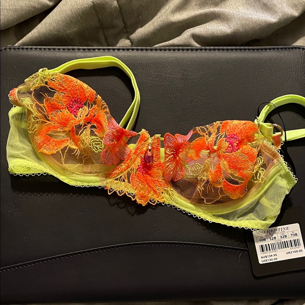 Honey Birdette Christine Neon Lime Lace Bra 32B NWT